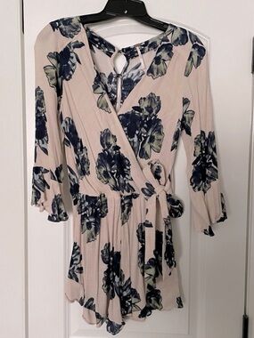 Free People Blush Pink Floral Romper with Black & Olive Print